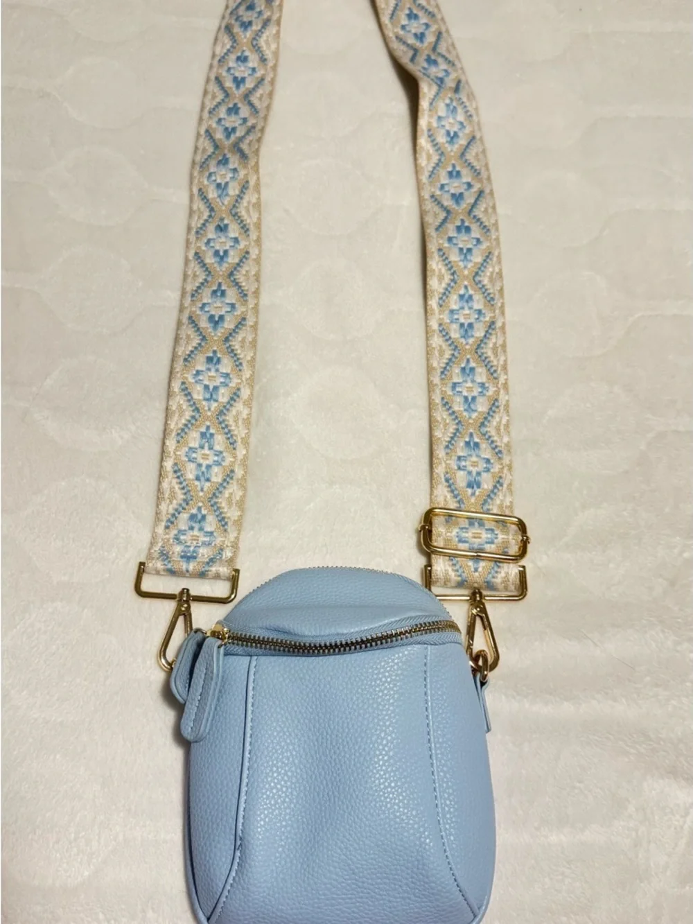 Boho Stylish Light Blue Crossbody Bag with Patterned Strap baby blue color - Picture 2 of 8